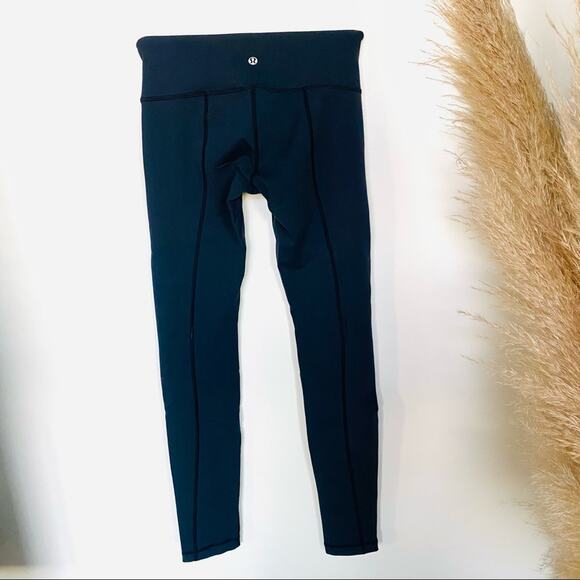 LULULEMON Navy Blue Ruched Tuxedo Satin Stripe Leggings Pockets 4 Yoga Pant - Picture 8 of 13